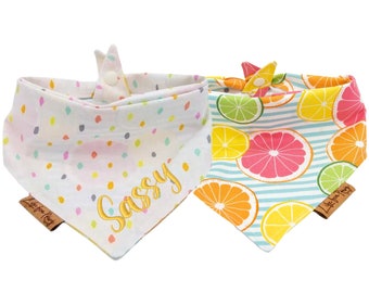 Personalized Summer Dog Bandana - Reversible Design with Fruit and Polka-Dot Pattern - Embroidered Dog Name - Fashionable and Comfortable