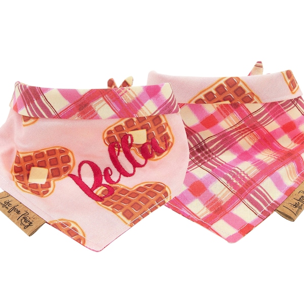 Dog Bandana -Valentines Waffles -  Reversible- Tie & Snap- Dog Neckerchief - Dog Scarf - Dog Mom - Puppy Gift - Dog Scarf -