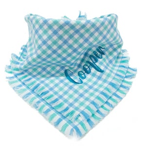 Personalized Blue Flannel Reversible Dog Bandana with Pet Name Embroidery - Stylish Pet Accessory