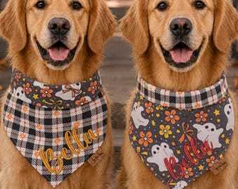 Personalized Halloween Dog Bandana, Reversible Cotton Pet Scarf, Embroidered Ghost Plaid Tie Snap