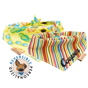 Dog Bandana Summer, Beach & Rainbow Stripes, Reversible Puppy Bandana, Pet Accessories, Bandana for Dogs, Dog Clothes, Holiday Dog Clothing