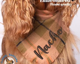 Custom Dog Bandana with Embroidered Name, Flannel Plaid Pet Scarf, Personalized Gift for Dog Birthdays, Christmas, Winter Dog Accessories