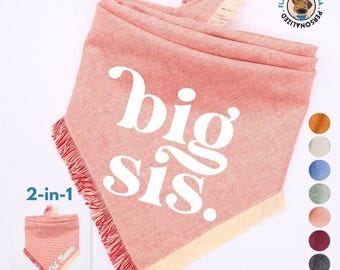 Flannel Reversible Dog Bandana Pregnancy Announcement - White Embroidered Big Sis. Dog Bandana - Personalized Flannel Dog Name Bandana