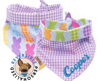 Personalized Easter Dog Bandana - Reversible Pastel Bunnies & Purple Gingham, Custom Pet Name Embroidery, Gift for Pet Lovers - Puppy Gift