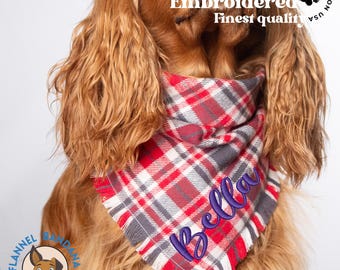Embroidered Christmas Dog Bandana: Custom Plaid Flannel Pet Scarf