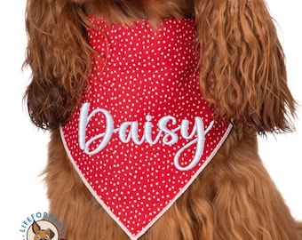 Könnte beinhalten: Ein rotes Hunde-Bandana mit weißen Tupfen und dem Namen "Daisy" in weißer Schrift gestickt. Das Bandana ist dreieckig und wird um den Hals des Hundes getragen. Der Text "EMBROIDERED made with love" befindet sich in der oberen rechten Ecke.