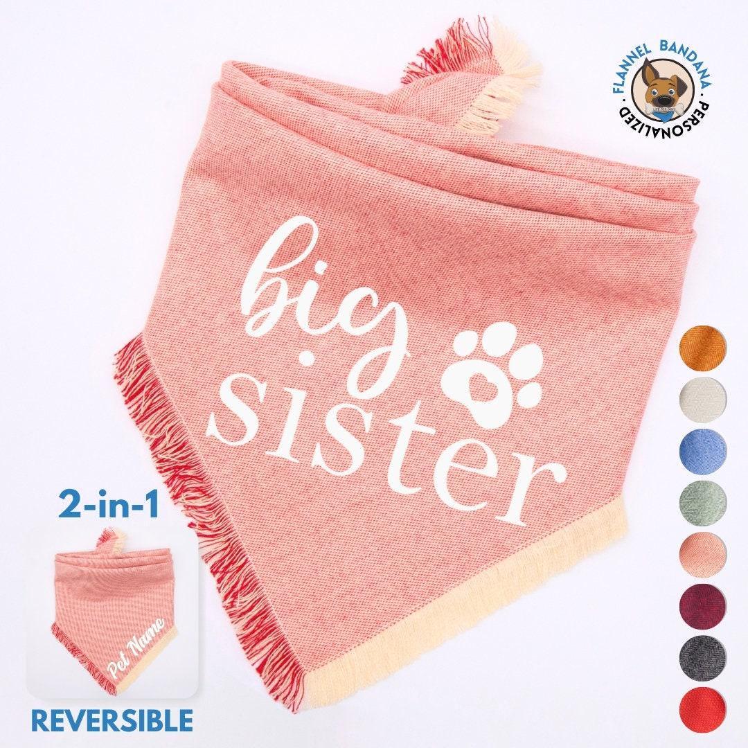Personalized Flannel Reversible Dog Bandana - Baby Announcement 'Big Sister' with Paws Vinyl Print Dog Scarf - Soft & Stylish Pet Bandana