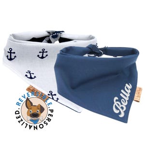 Dog Bandana - Reversible- Blue Anchor - Tie & Snap - Dog Neckerchief - Dog Scarf - Dog Dad Gift -Puppy Gift - Cute Bandana, Summer Bandana