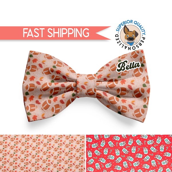 Dog Bow Tie | Autumn Pet Accessory, dog collar bow, slide-on bow for dog collar - Puppuccino and football Design