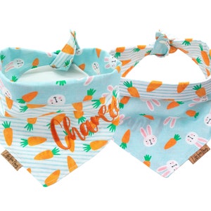 Easter Dog Bandana with Key Chains and Scrunchies - Reversible Design with Carrots and Easter Rabbits, Personalized