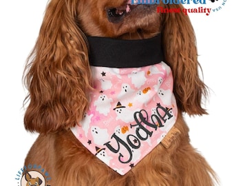 Personalized Pink Ghost Dog Bandana: Embroidered Reversible Cotton Pet Scarf