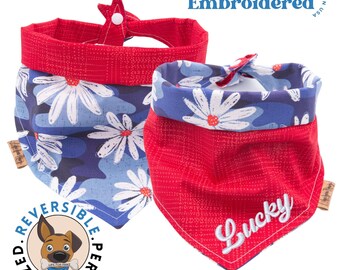 Personalized Floral Reversible Dog Bandana with Embroidered Name - Tie and Snap Blue Dog Bandana - Daisy Flower Dog Bandana - Dog Birthday