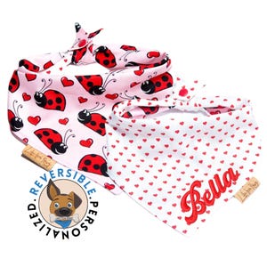 Girl Dog Bandana - Love Lady Bug Hearts, Red White Valentine Bandana, Reversible Bandana, Tie & Snap Dog Bandanas, Dog Clothes Accessories
