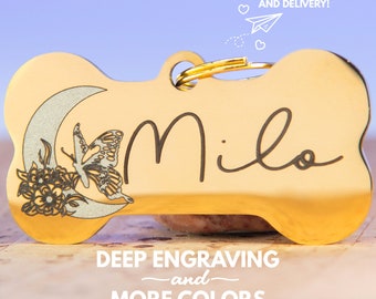 Engraved Moon & Butterfly Pet ID Tag: Custom Stainless Steel Dog Tag