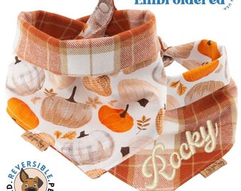 Reversible Fall Dog Bandana with Personalized Name |  Fall-Inspired Dog Bandana - Personalize with Name | Two-Tone Vinyl or Embroidery