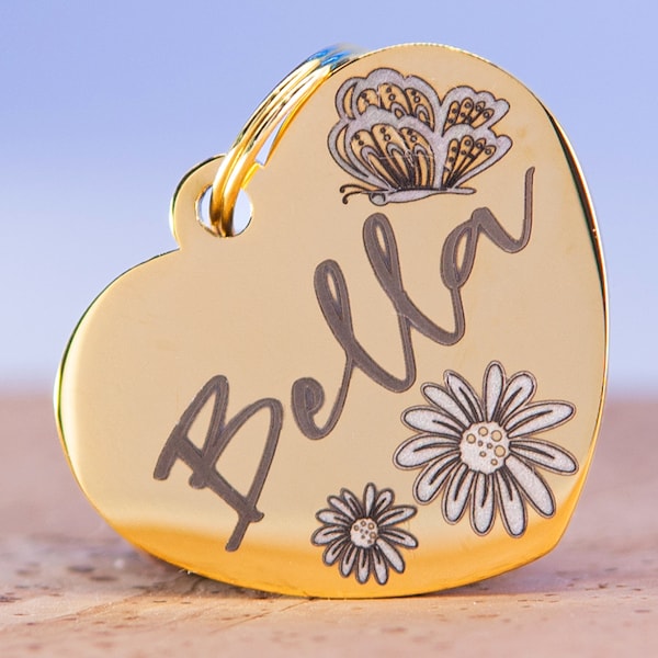 Personalized Dog Tag with Heart, Flowers, and Butterfly Engraving, Custom Pet ID, Elegant Dog Name Tag