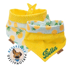 Puede incluir: Un bandana reversible para perro con estampado de piña en un lado y un color amarillo sólido en el otro. El bandana está personalizado con el nombre "Bella" en bordado verde. El bandana está hecho por Life for Paws.