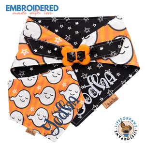 Halloween Dog Bandana with Bone Clasp - Reversible Ghost Print - Custom Embroidered Name - Orange and Black - Spooky Dog Scarf