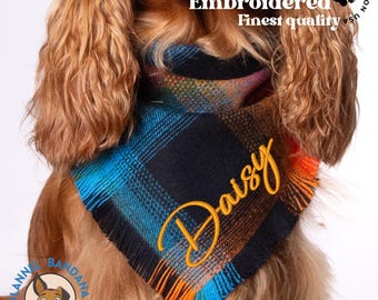 Personalized Dog Bandana: Embroidered Plaid Flannel, Reversible Pet Scarf