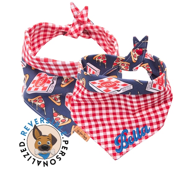 Paw-fect Pizza Embroidered Personalized Reversible Dog Bandana - Red Plaid Bandana - Tie & Snap - Dog Neckerchief - Dog Scarf -  Puppy Gift