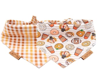 Fall Dog Bandana, Thanksgiving Donuts and Coffee, Reversible Bandana for Dogs, Tie And Snap, Thanksgiving Dog Bandana,