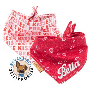 Valentine Dog Bandana -Free Kisses -  Reversible- Tie & Snap- Dog Neckerchief - Dog Scarf - Dog Mom - Puppy Gift - Dog Scarf -