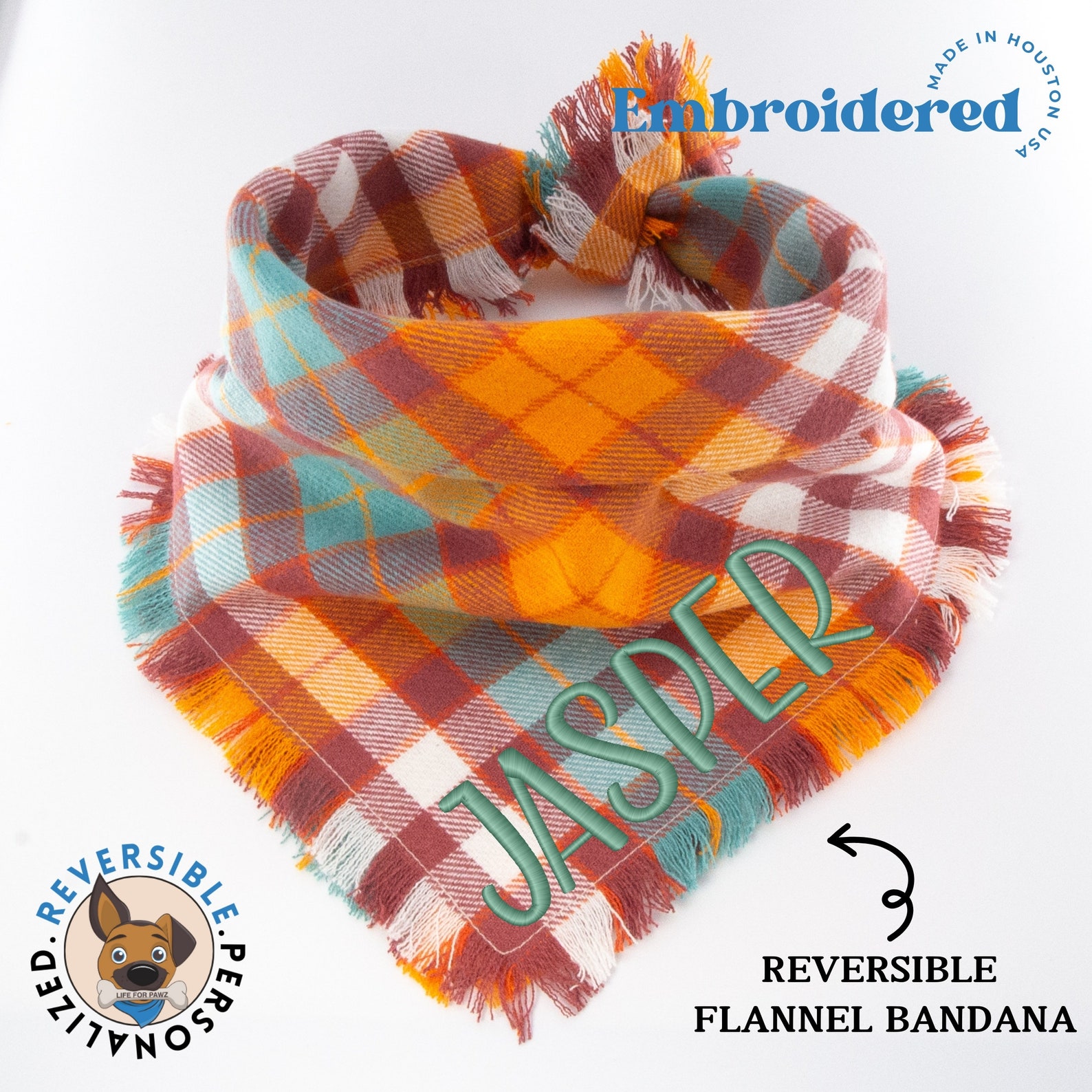 Personalized Autumn Reversible Flannel Dog Bandana, Custom Embroidered