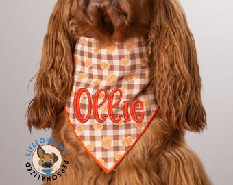 Personalized Dog Bandana: Embroidered Pumpkin Gingham Pet Scarf
