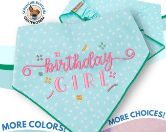 Custom Embroidered Birthday Girl Dog Bandana - 20 Thread Colors, 6 Font Choices, 3 Polka Dot Fabric Patterns - Personalized Pet Scarf