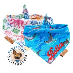 Dog Bandana Octopus and Shark, White and Blue Reversible Bandanas, Tie & Snap, Puppy Bandana, Dog Costume, Dog Stuff, Puppy Clothes