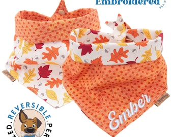 Hondenbandana geborduurde herfstbladeren: omkeerbaar oranje gestippeld katoen