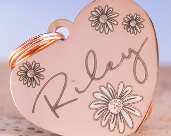 Heart-Shaped Custom Engraved Dog Tag with Daisy Design, Personalized Pet ID, Romantic Floral Dog Name Tag