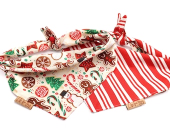Christmas Dog Bandana - Gingerbread Cookies Bandana - Reversible-Tie & Snap - Christmas Dog Bandana