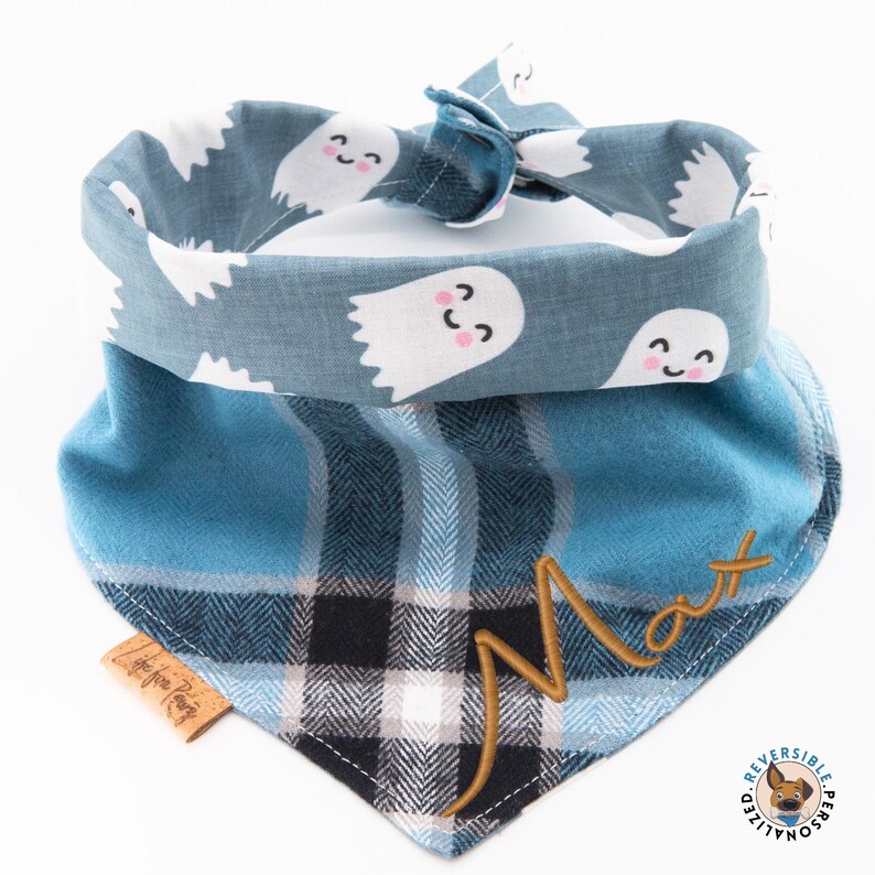 a blue bandana with ghost faces on it