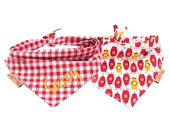 Pañuelo reversible personalizado para perro, con cuadros rojos y blancos y motivos de verano, bordado personalizado.