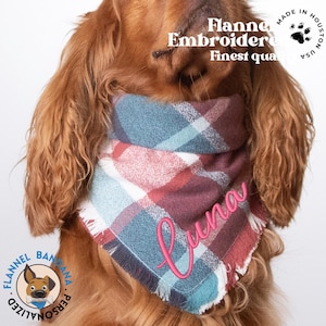 Personalized Dog Bandana, Custom Name Embroidered Pet Scarf, Plaid Warm Flannel Dog Clothes, Autumn Fall Winter Dog Neckwear, Dog Owner Gift