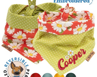 Reversible Dog Bandana: Daisy & Polka Dot, Custom Embroidered Pet Scarf