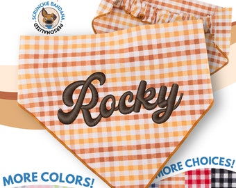 Custom Embroidered Plaid Dog Bandana - 20 Thread Colors, 6 Font Choices, 4 Fabric Patterns - Personalized Pet Scarf