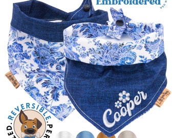Reversible Dog Bandana: Blue Denim & Floral, Personalized Pet Neckwear