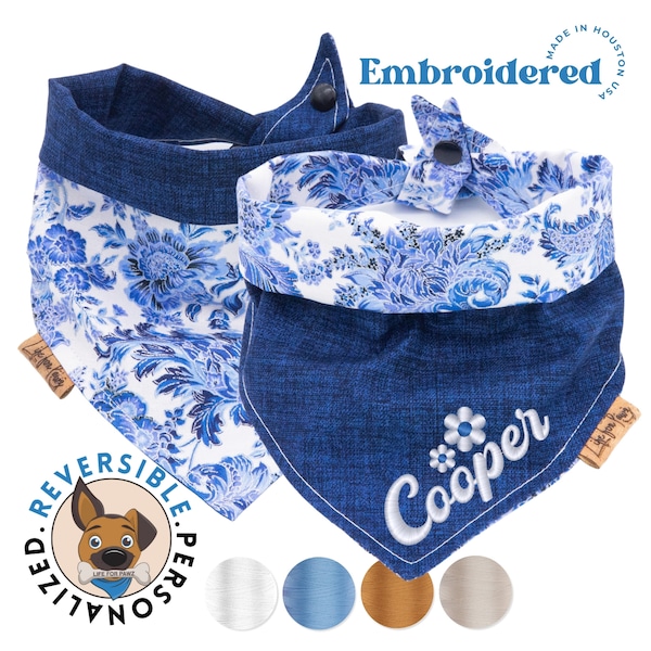 Classic Blue and White Reversible Bandana - Denim & Floral Dog Neckwear, Customizable Summer Bandana for Pets - Perfect Gift - Personalized