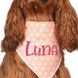 Embroidered Scrunchie Dog Bandana - Custom Name - Peach Floral - Personalized Gift - Soft Cotton - Handmade Pet Scarf