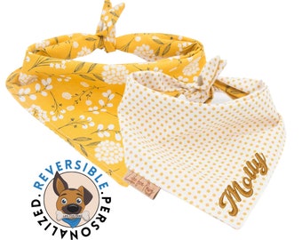 Personalized Reversible Dog Bandana | Flower Design on Mustard Yellow & White | Custom Embroidered Name