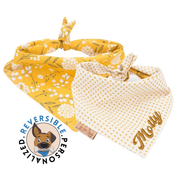 Personalized Reversible Dog Bandana | Flower Design on Mustard Yellow & White | Custom Embroidered Name