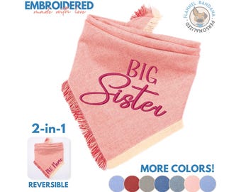 Birth Announcement Reversible Dog Bandana, Handmade Custom Flannel Big Sister Pet Scarf, Personalized Name Embroidery Baby Shower Dog Outfit