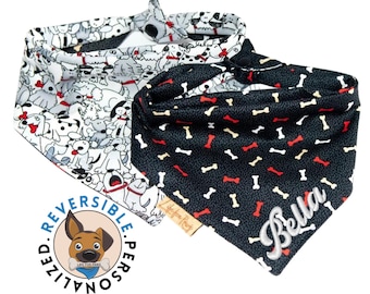 Dog Pattern Bandana, Reversible Dog Bandanas - Mini Paw Print, Tie & Snap, Small Large Dog Outfit, Fursuits, Black Gray Dog Accessories