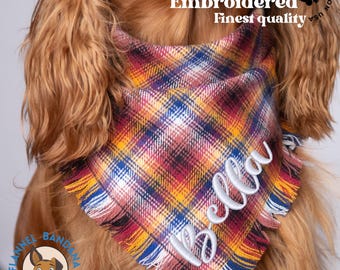 Embroidered Christmas Dog Bandana: Tartan Flannel, Personalized Pet Scarf