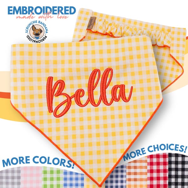 Custom Embroidered Plaid Dog Bandana - 20 Thread Colors, 6 Font Choices, 5 Fabric Patterns - Personalized Pet Scarf