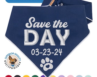 Embroidered Dog Wedding Bandana: Customizable Pet 'Save the Day' Scarf