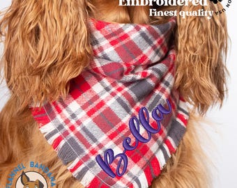 Christmas Plaid Dog Bandana: Personalized Embroidered Flannel Pet Neckwear