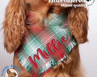 Christmas Reversible Dog Bandana with Name Embroidery, Personalized Plaid Pet Scarf , Custom Flannel Winter Pet Outfit